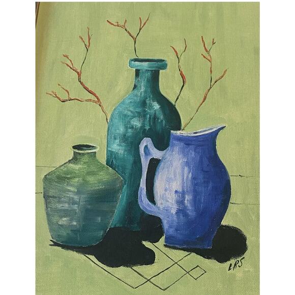 Mid 20th Century Painting Oil On Board Still Life “Three Jugs” Artist Signed - Picture 3 of 12